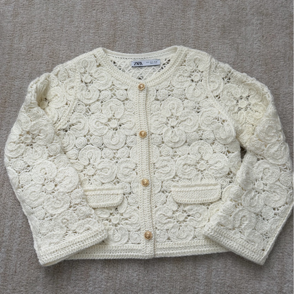 Zara Cream Crochet Floral Cardigan